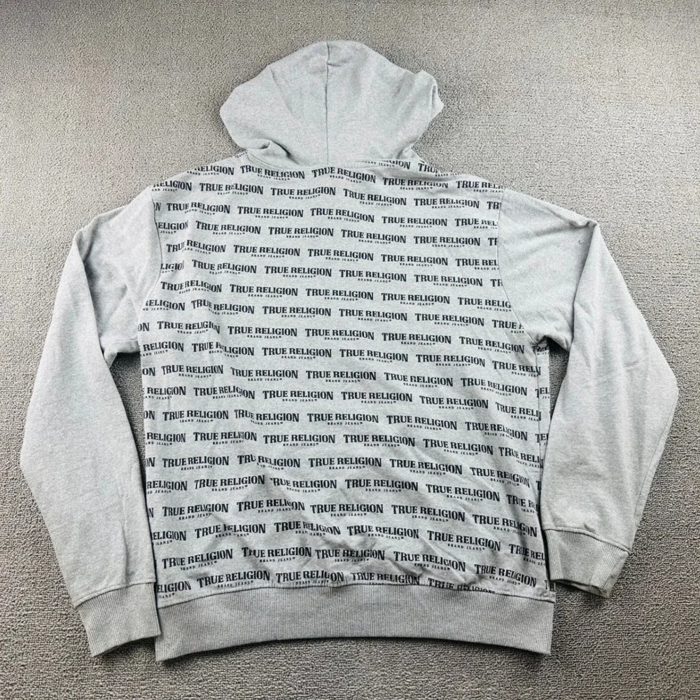 True Religion Hoodie Men L Gray Heather Pullover Sweatshirt All Over Print Urban